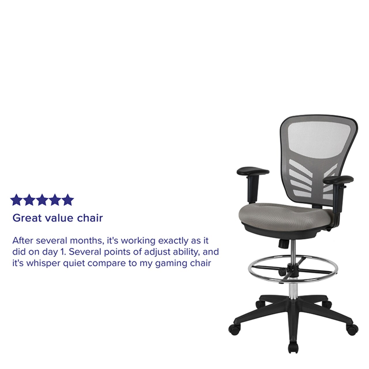 Flash Furniture Mid-Back Light Gray Mesh Ergonomic Drafting Chair with Adjustable Chrome Foot Ring, Adjustable Arms and Black Frame